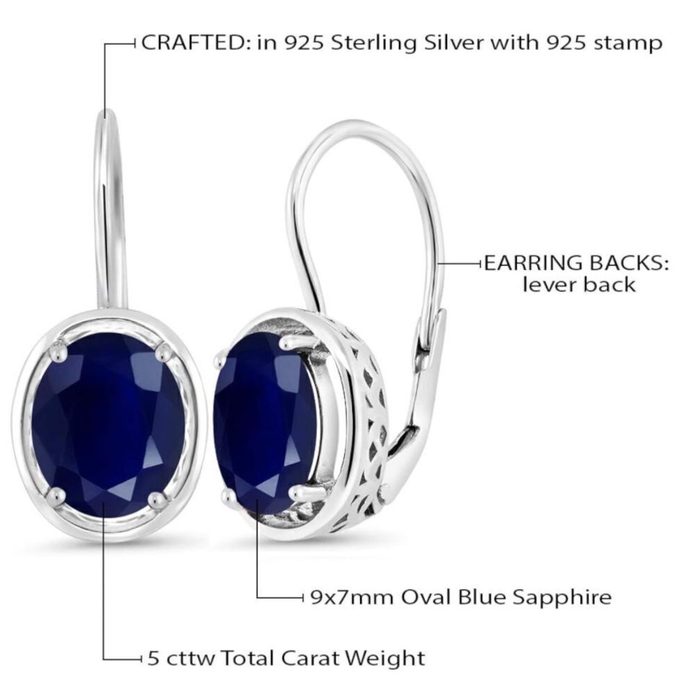 925 Sterling Silver with 5.00 Cttw Navy Blue Sapphire Oval Leverback Earrings - Picture 4 of 5